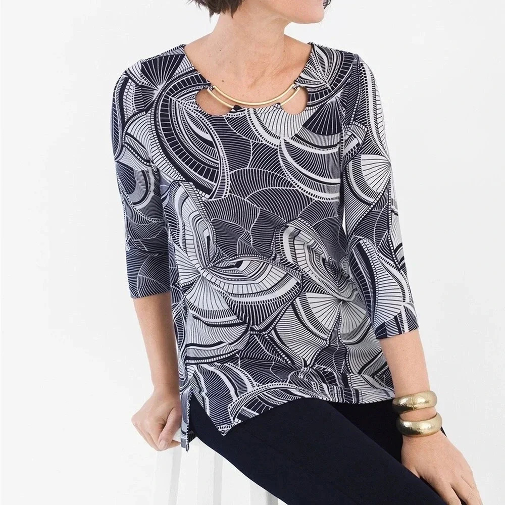 Chico’s Travelers Classic Hardware-Neck Graphic‎ Butterfly Tunic